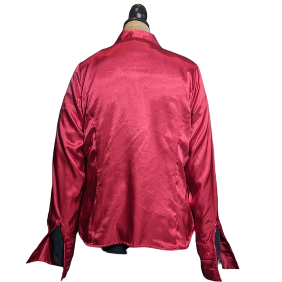 VTG 14 Shiny Red Satin Button Top Balloon Long Sleeve Blouse Cufflink Style Cuff - Picture 15 of 16